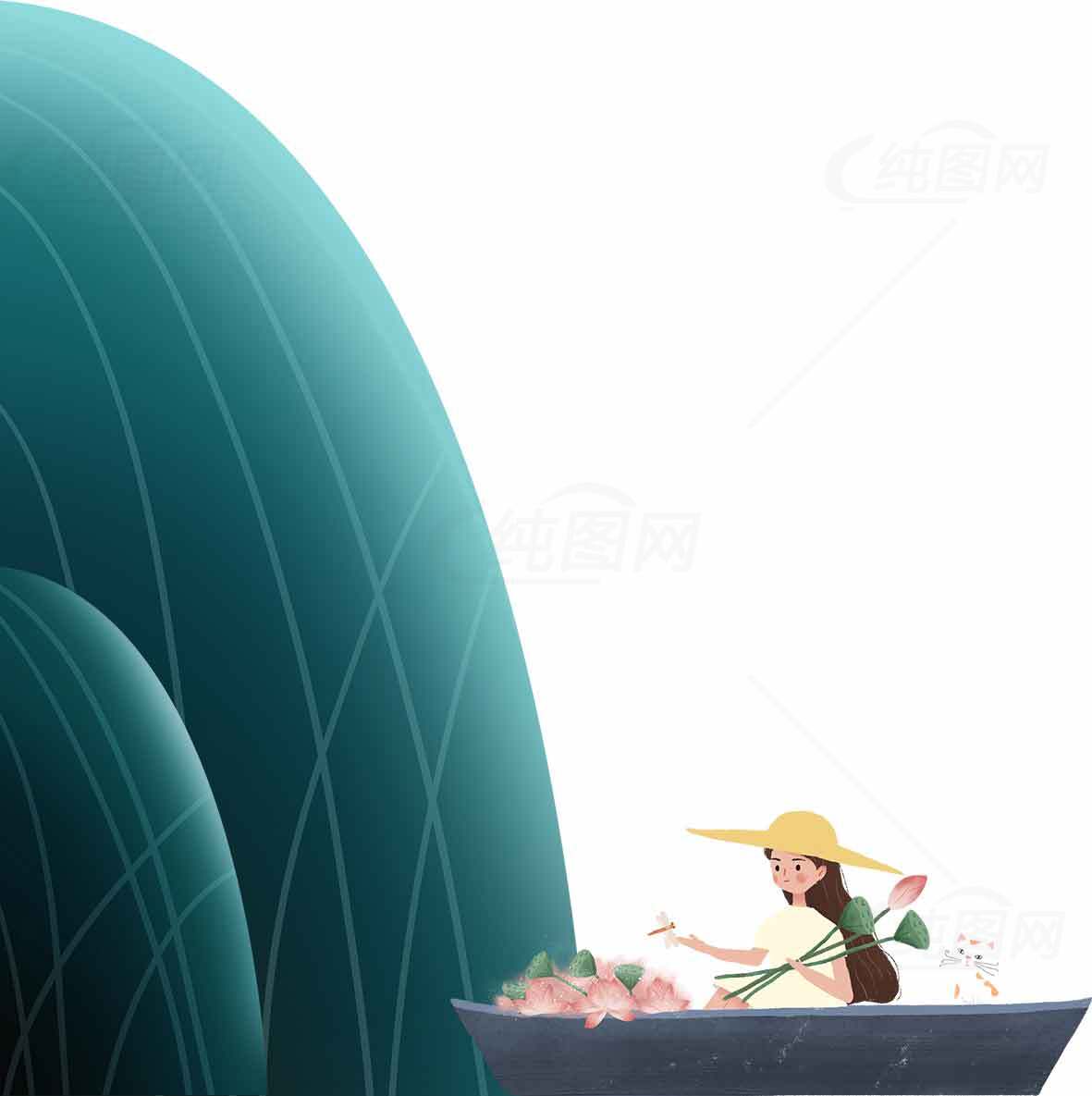 唯美插画：采莲少女与青绿色山水背景素材