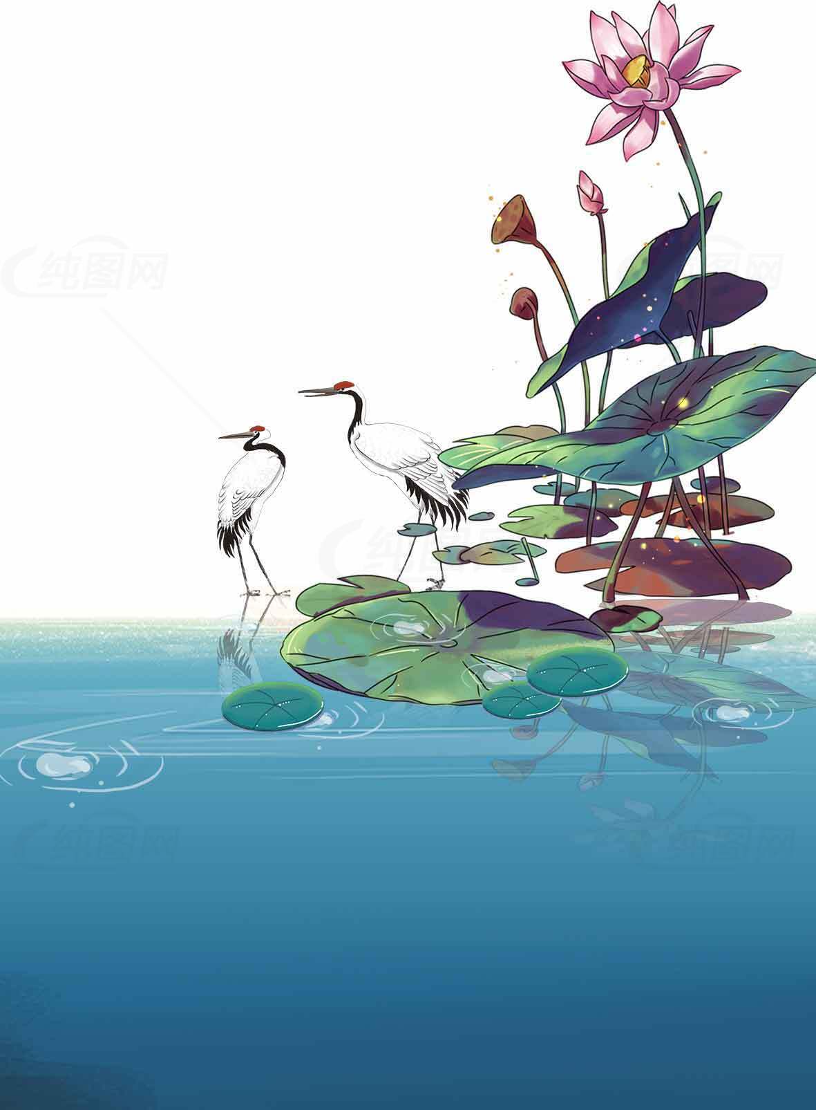 荷花与白鹭的唯美水景插画素材