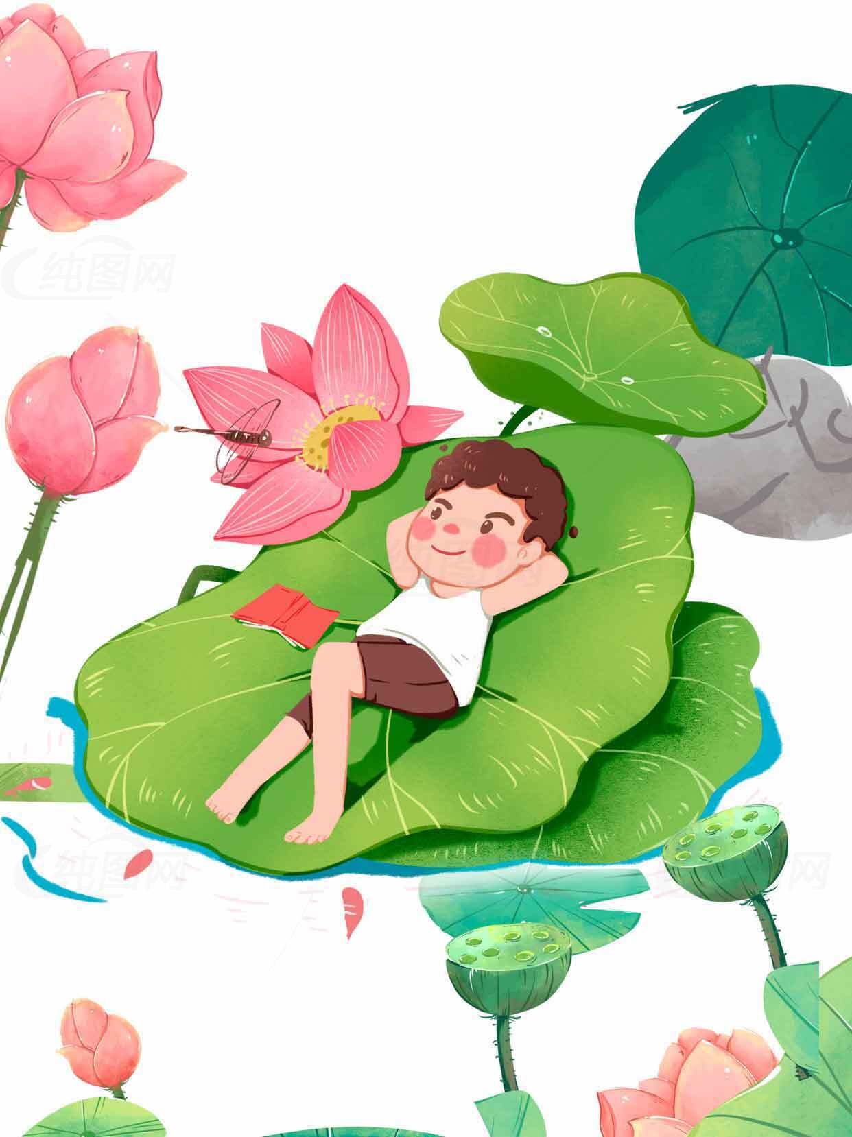 荷叶上的童趣插画素材