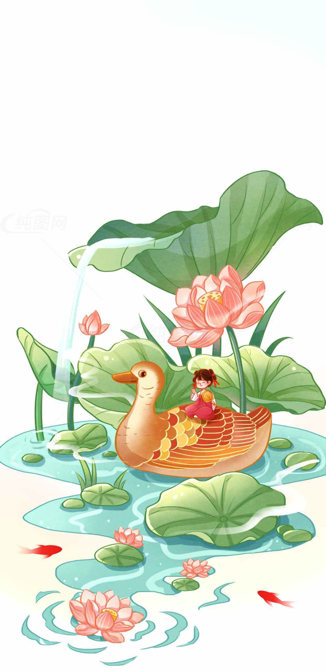 荷塘童趣插画：莲花与小鸭的童话世界素材