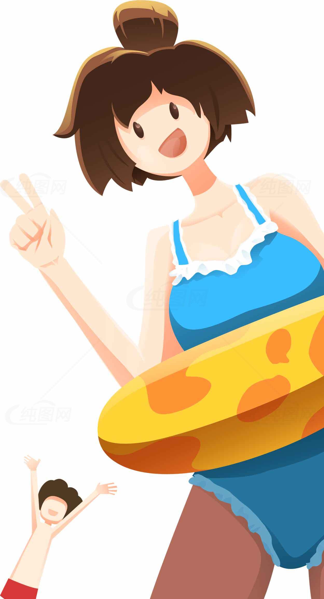 夏日泳池卡通人物插画素材