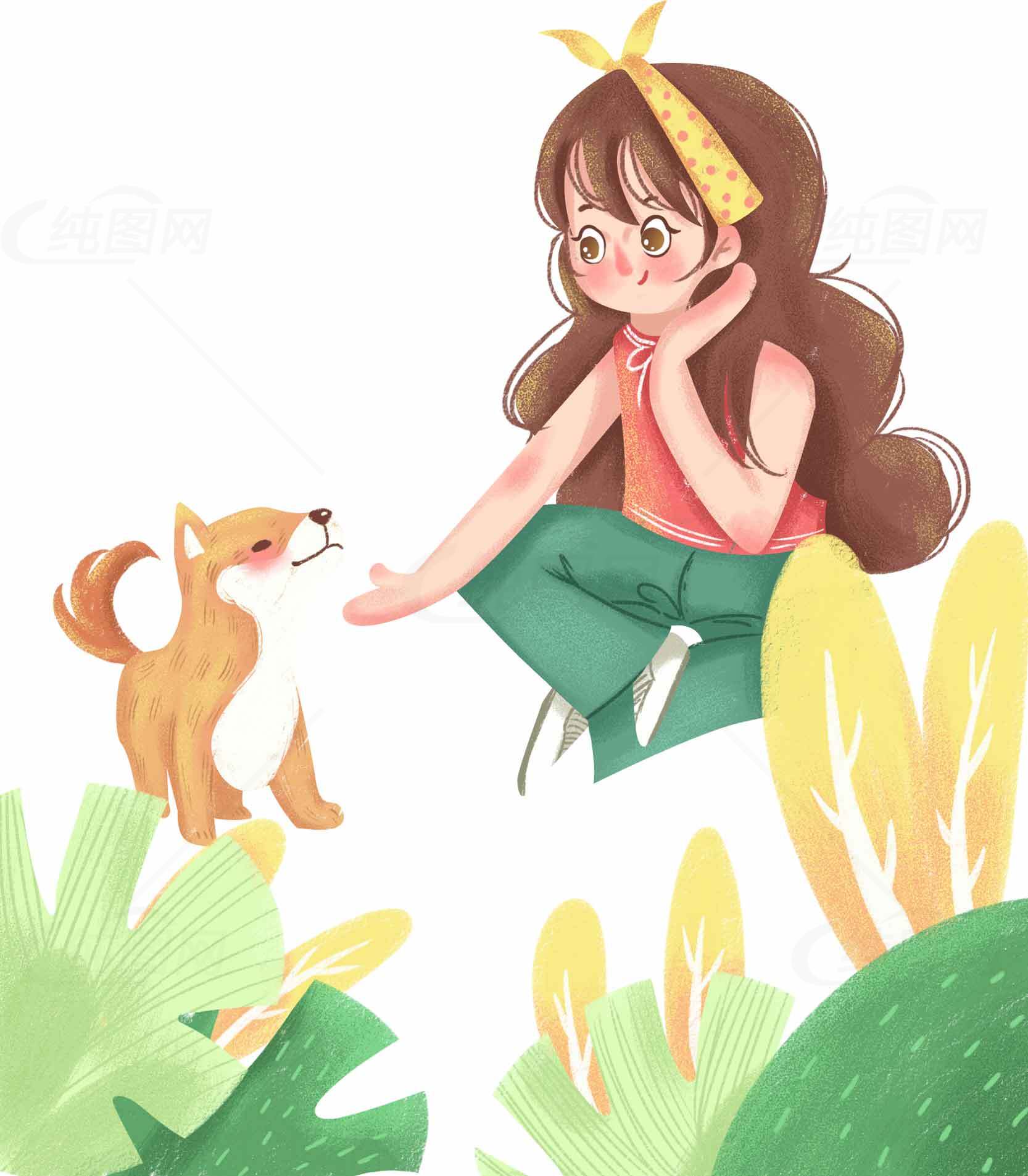 女孩与小狗的温馨插画场景素材