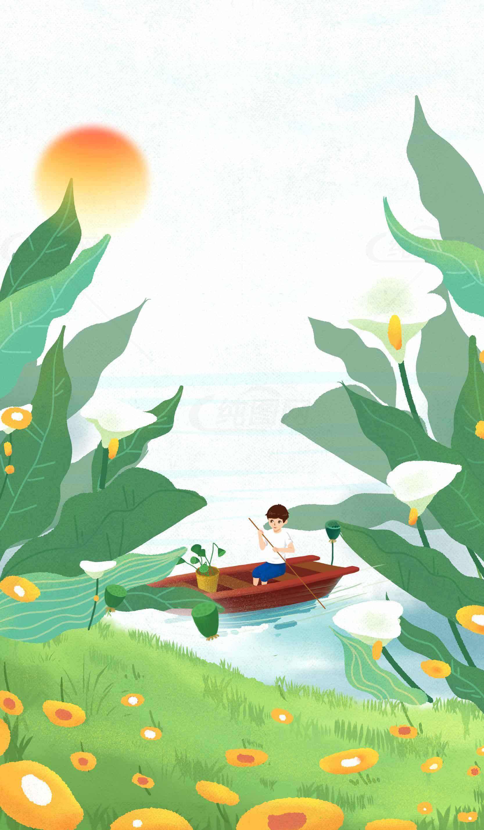 清新自然风格插画：小船与夏日湖畔素材