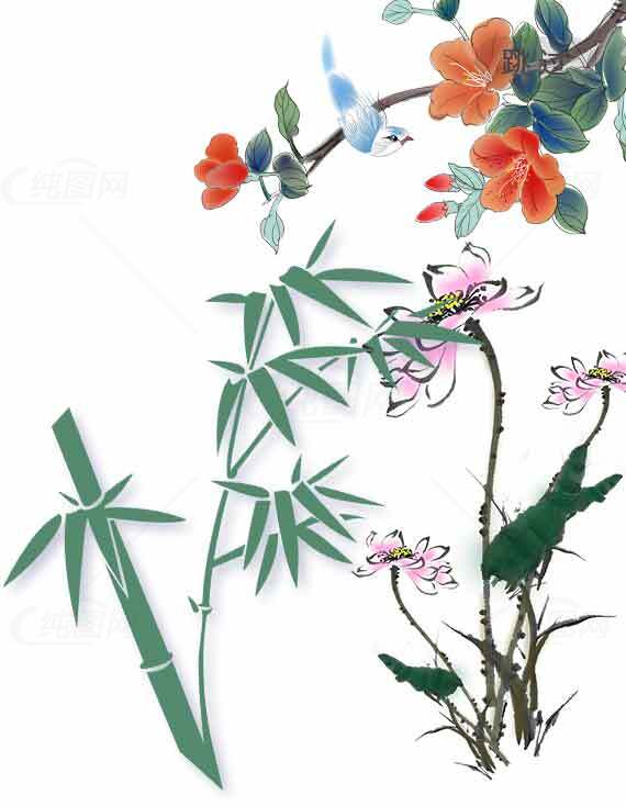 中国传统花鸟画：竹子与花卉的自然之美素材