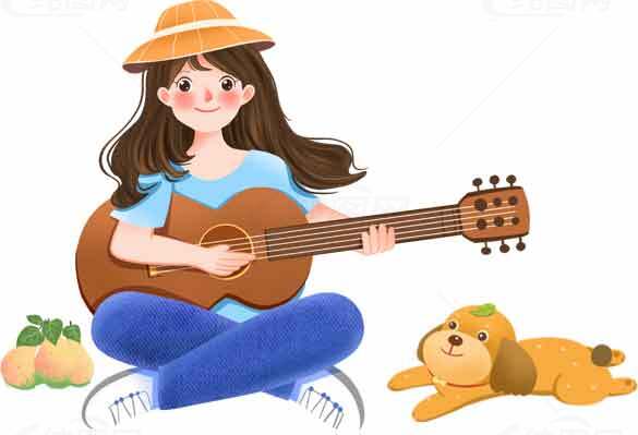 女孩弹吉他与狗狗陪伴的田园生活插画素材