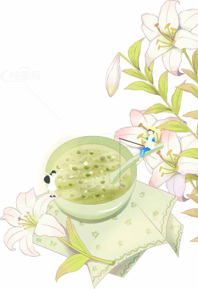 清新绿豆汤插画设计与百合花搭配素材