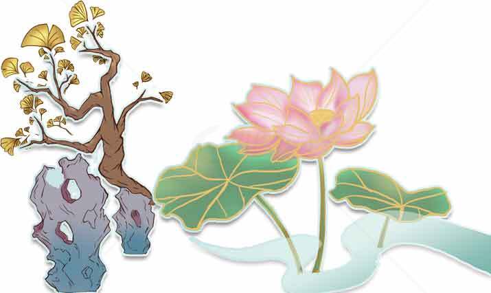 中国传统水墨画风格荷花与树石插画素材