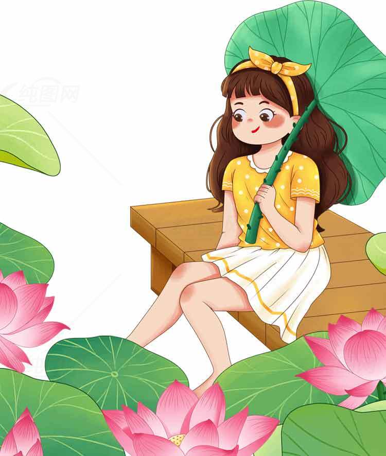 夏日荷花池畔少女插画素材