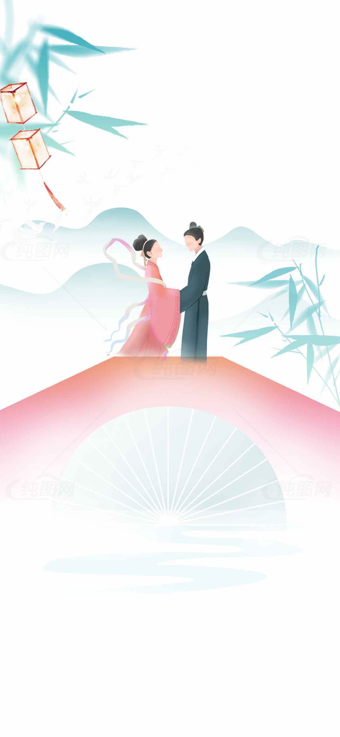 中国风唯美古风情侣桥上浪漫场景插画素材