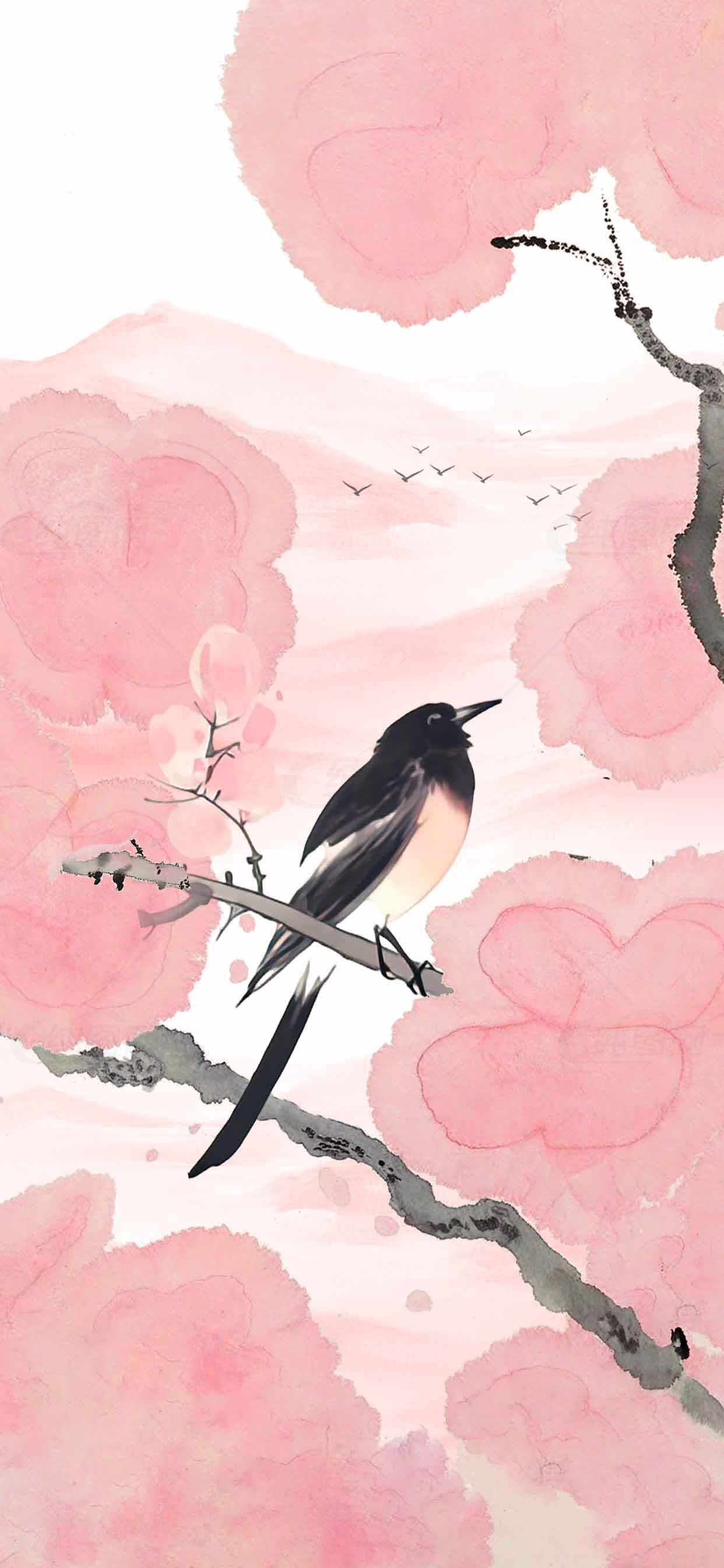 国风水墨画：桃花与喜鹊的唯美意境素材