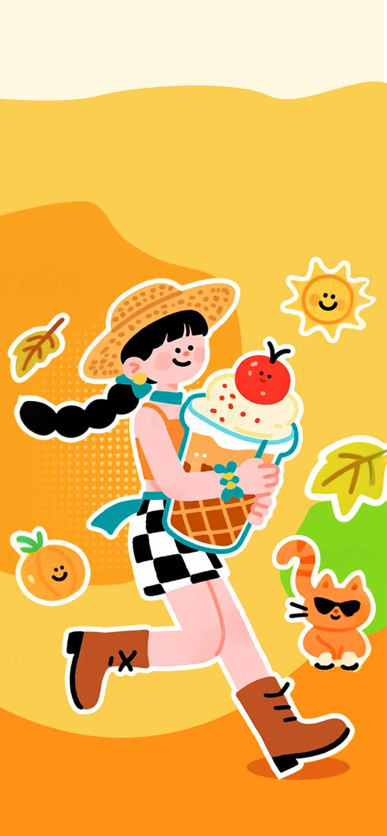 秋日女孩与冰淇淋插画设计素材