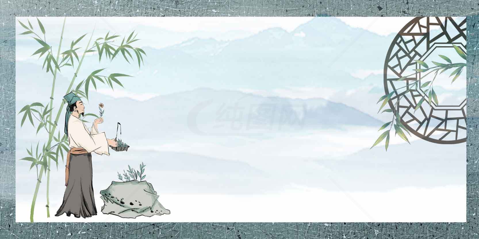中国风水墨画背景图片：竹林与古典窗格设计素材