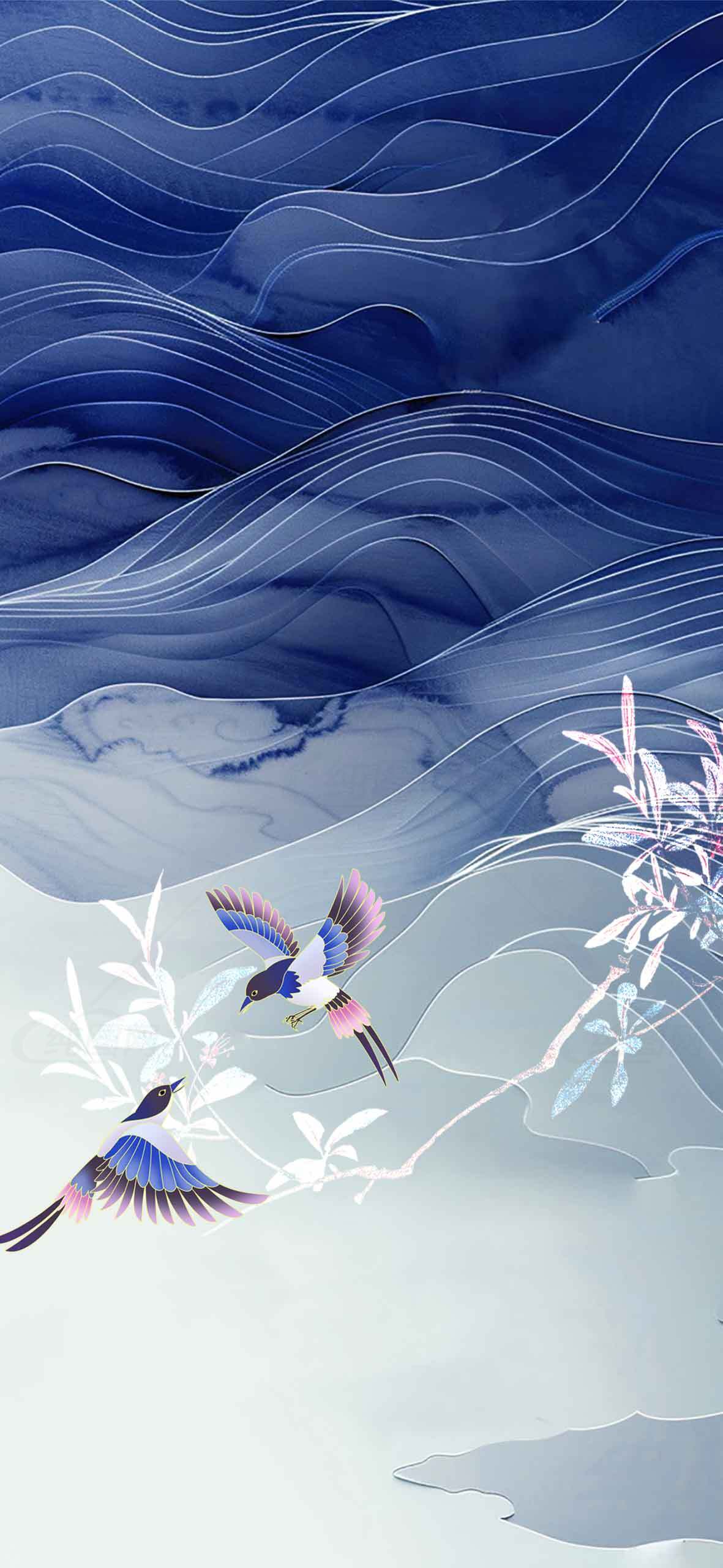 唯美中国风蓝色山水与飞鸟壁纸素材