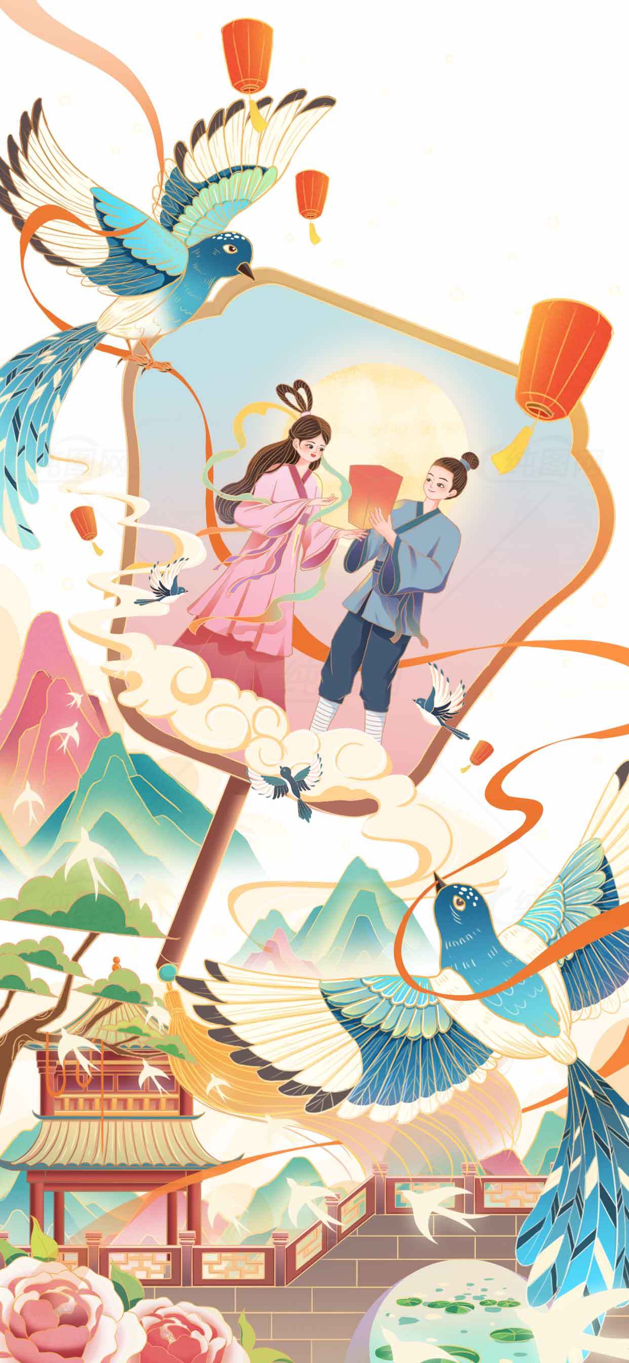七夕节浪漫插画：牛郎织女鹊桥相会素材