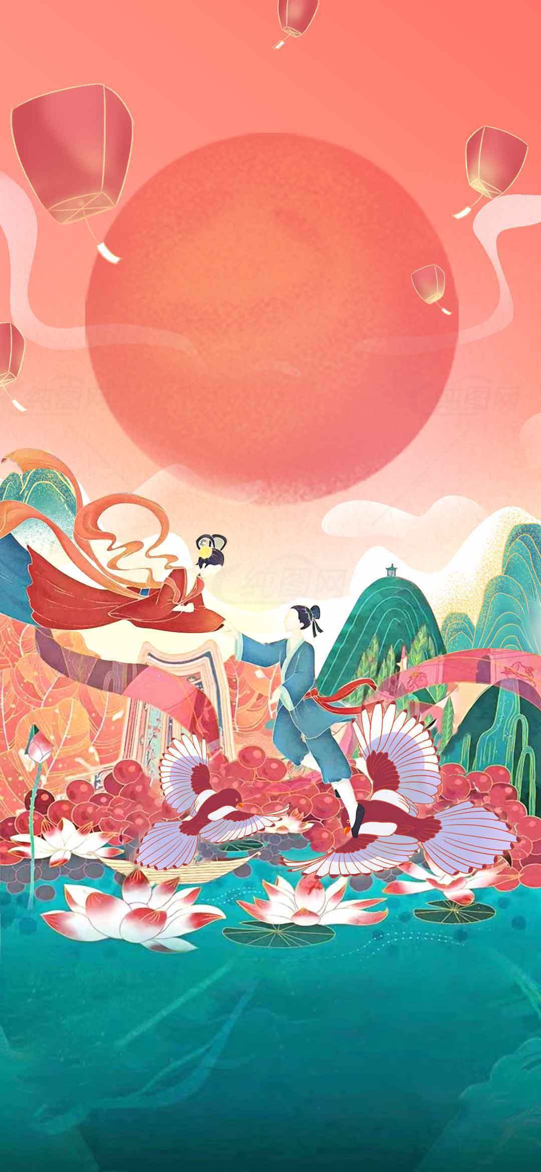 唯美中国风插画：鹊桥相会与荷花灯笼素材