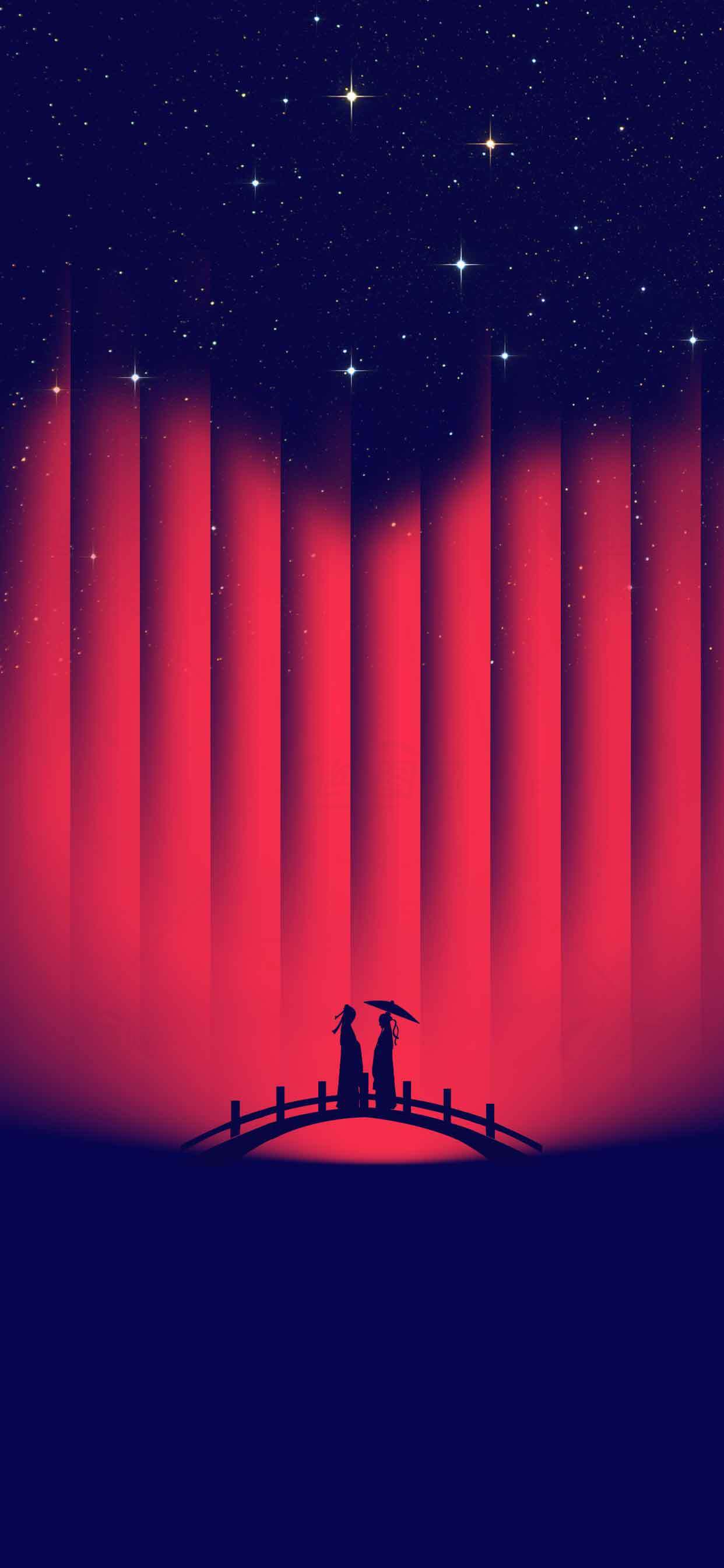 浪漫星空下的情侣剪影与桥的唯美画面素材