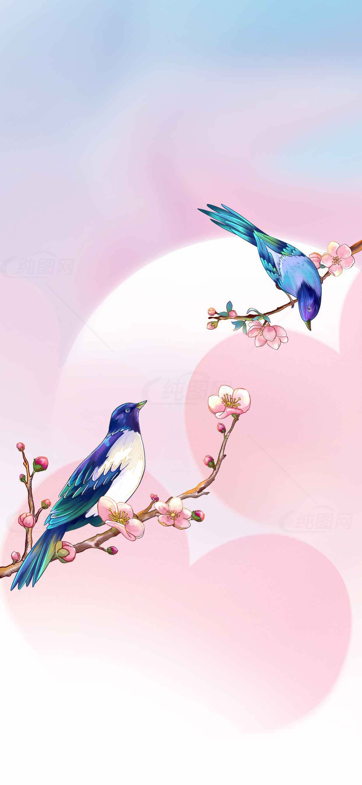 唯美春日蓝鸟与樱花插画背景素材