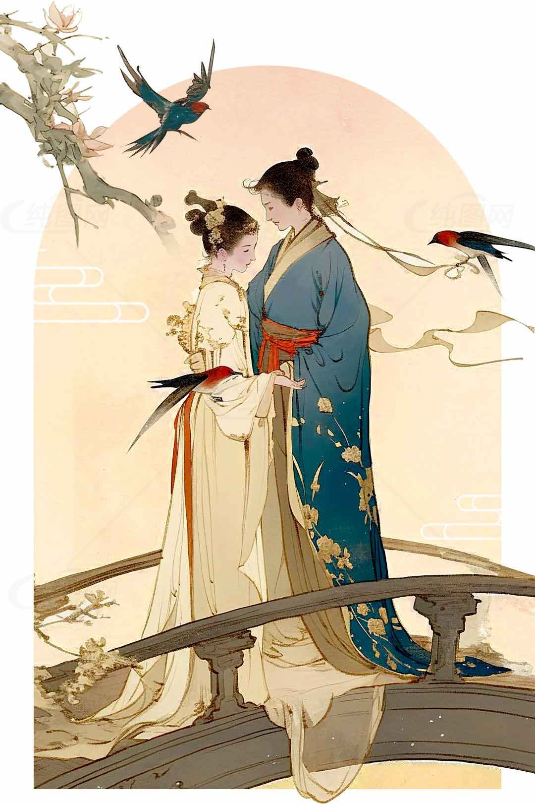 古风唯美插画：桥上相依的情侣与飞鸟素材
