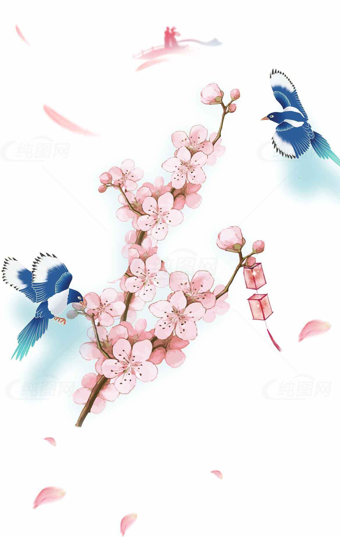 春天的桃花与喜鹊插画唯美壁纸素材