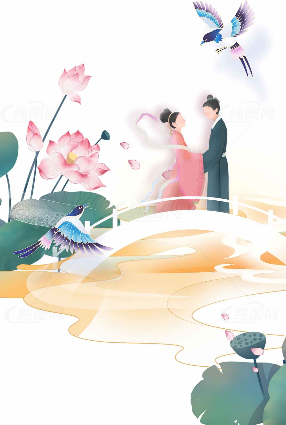 七夕节浪漫古风插画：情侣鹊桥相会素材