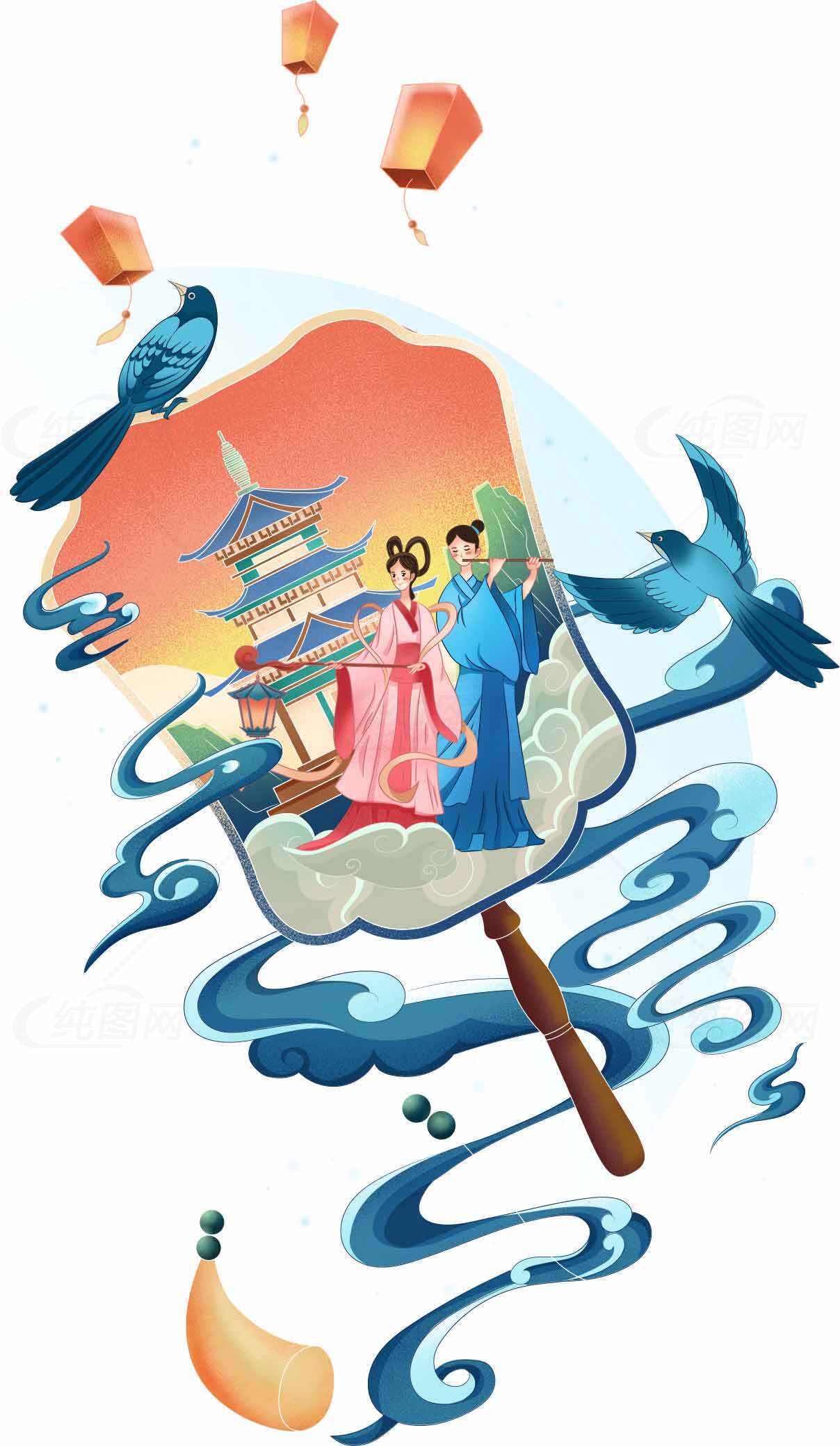 七夕节传统文化插画：牛郎织女鹊桥相会素材