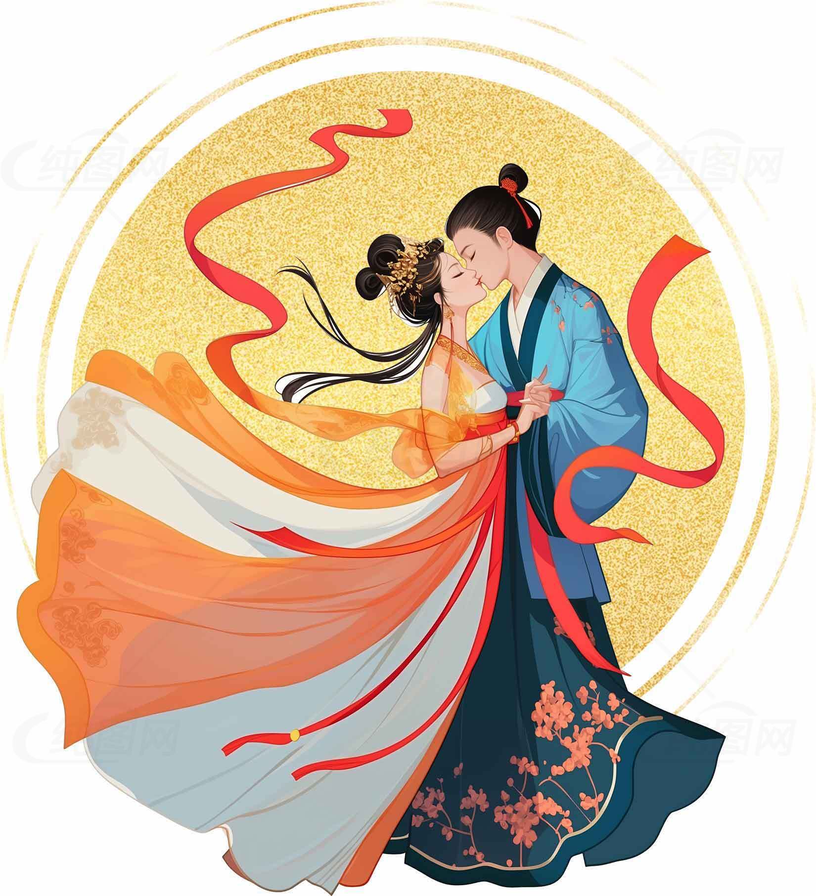 中国传统婚礼插画：浪漫古风情侣素材