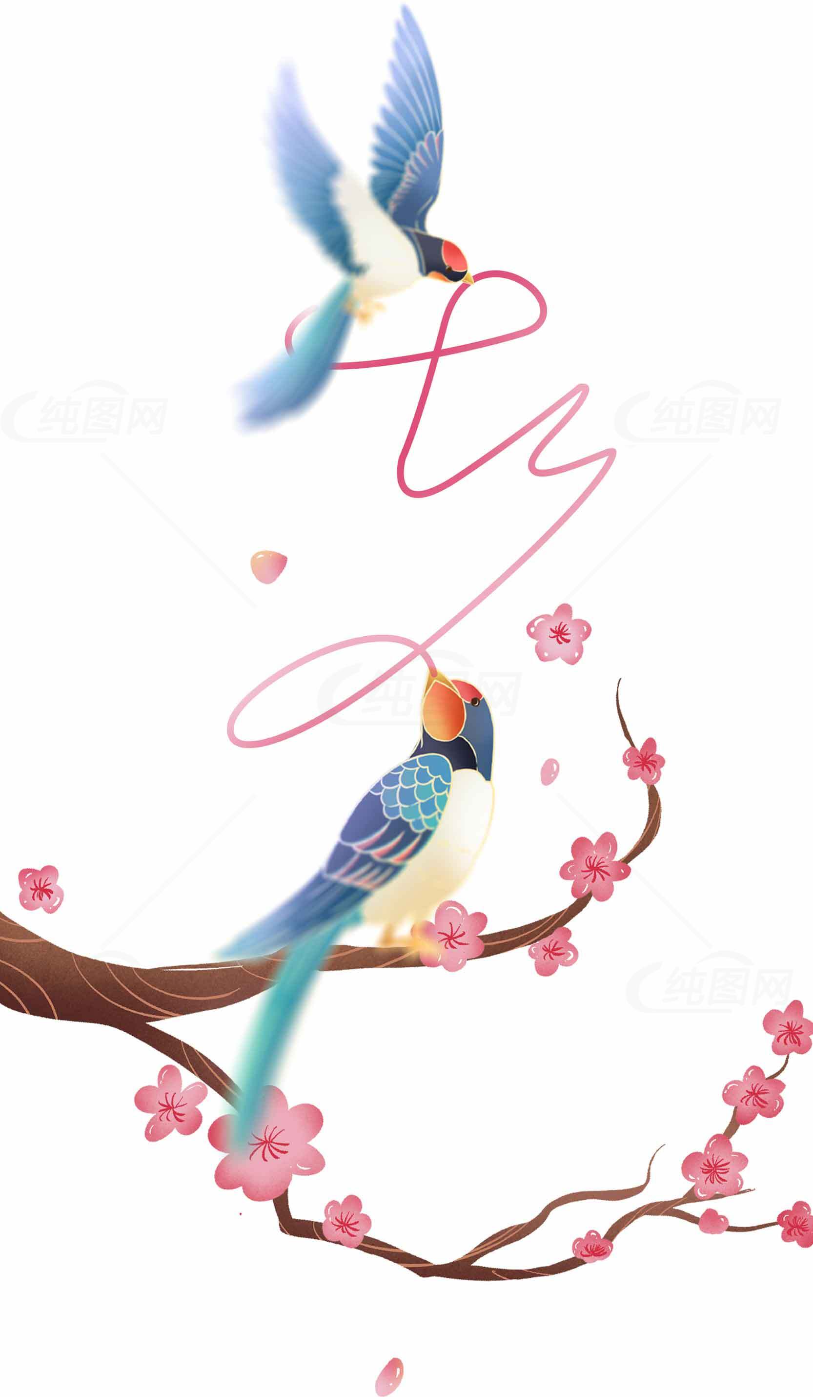 春日唯美花鸟插画图片素材