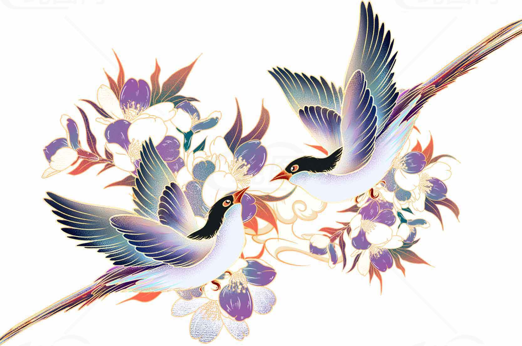 唯美中国风花鸟图：紫色鸢尾与飞鸟艺术设计素材
