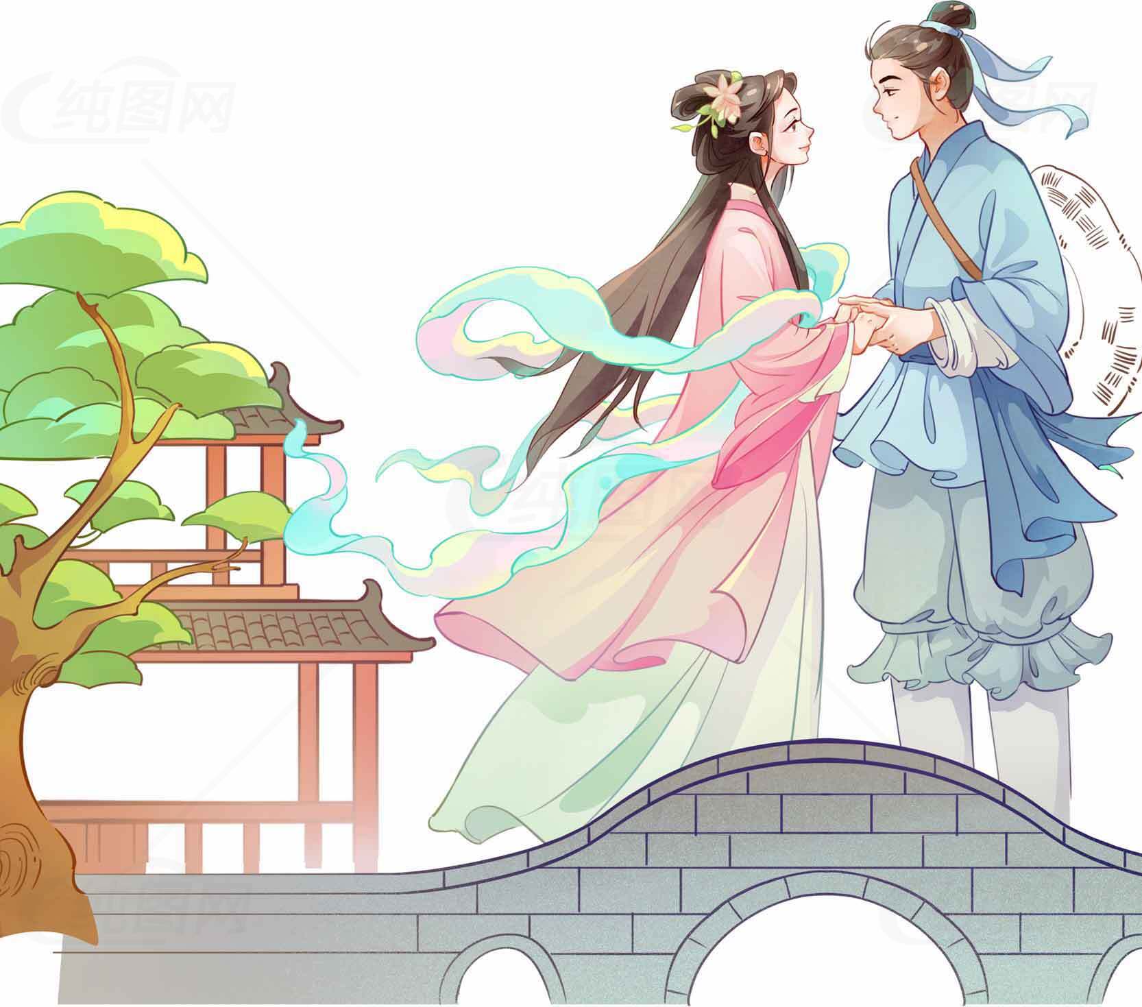 中国古风情侣桥上相会插画素材