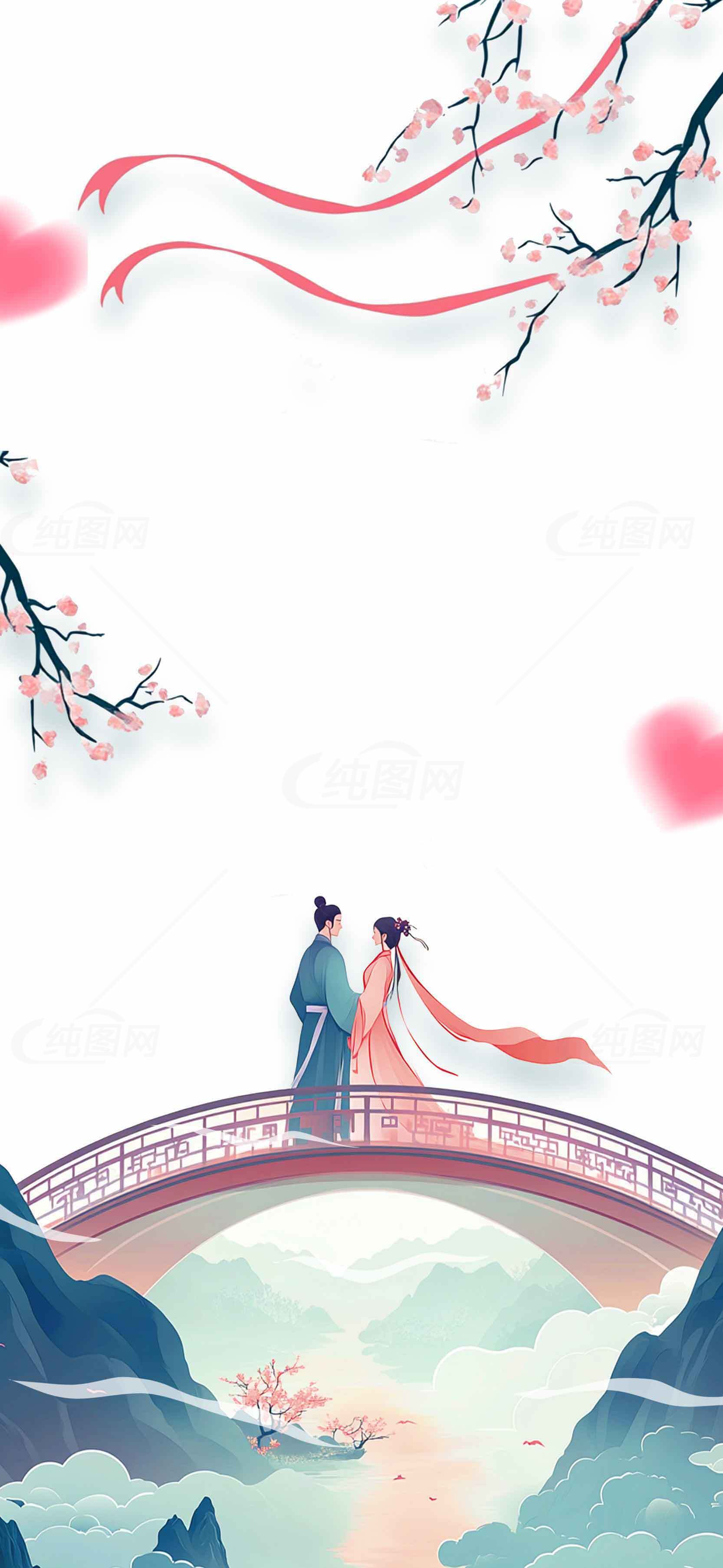 唯美古风桥上情侣插画背景图素材