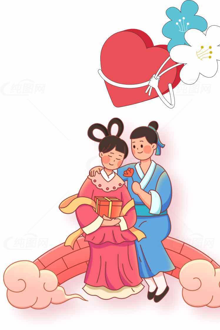 中国传统爱情插画：牛郎织女鹊桥相会素材