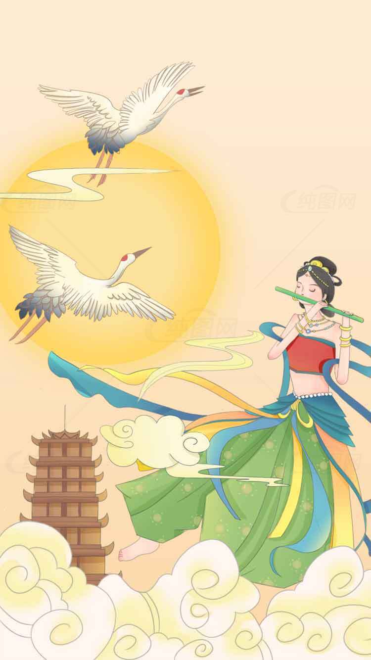 中国传统仙女与丹顶鹤插画背景素材