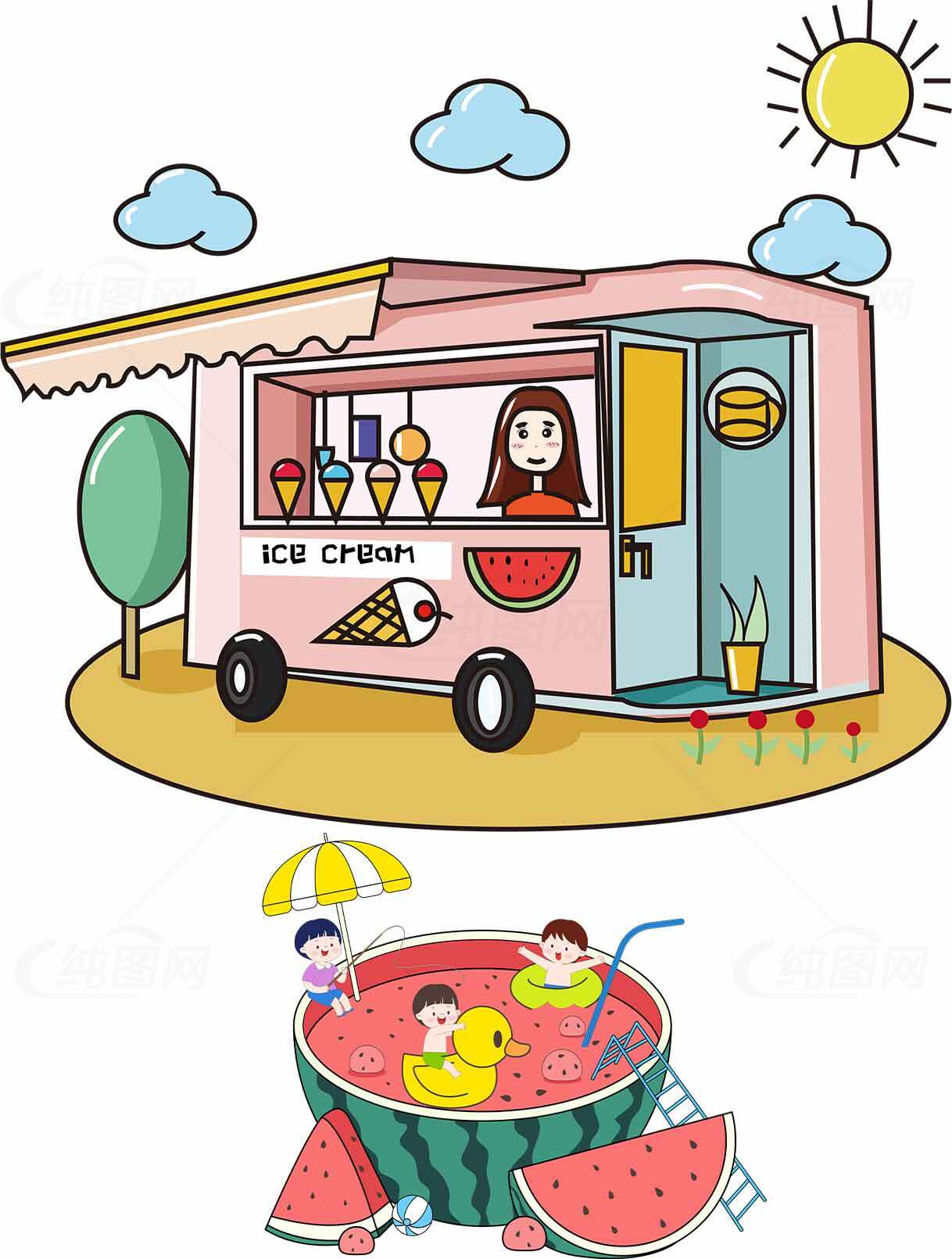 夏日冰淇淋车与西瓜泳池插画素材