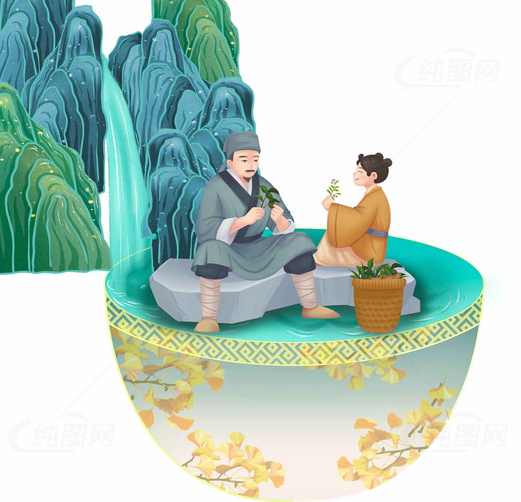 中国传统茶文化插画：山水与品茶意境素材