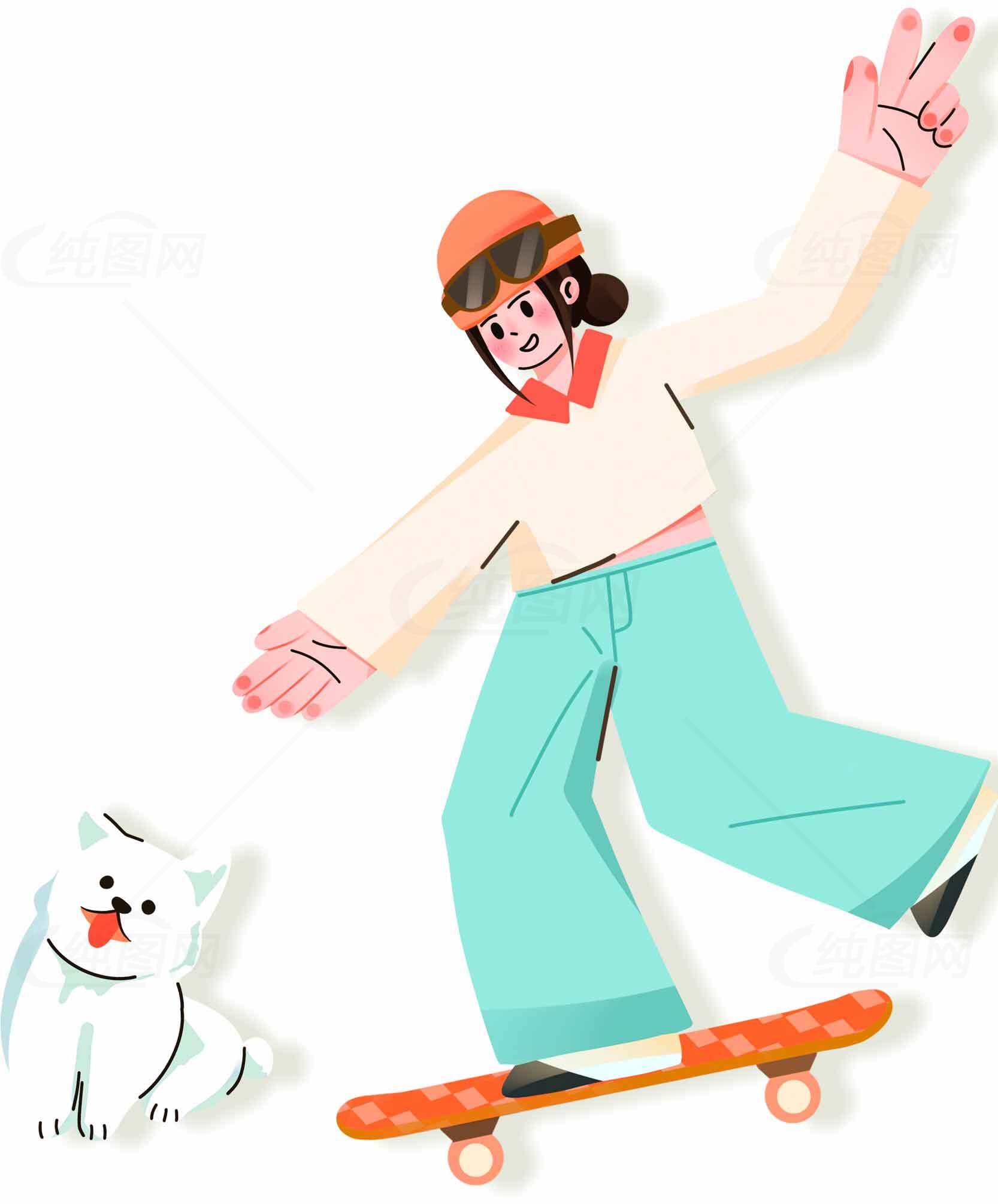 滑板女孩与白色宠物狗的趣味插画素材