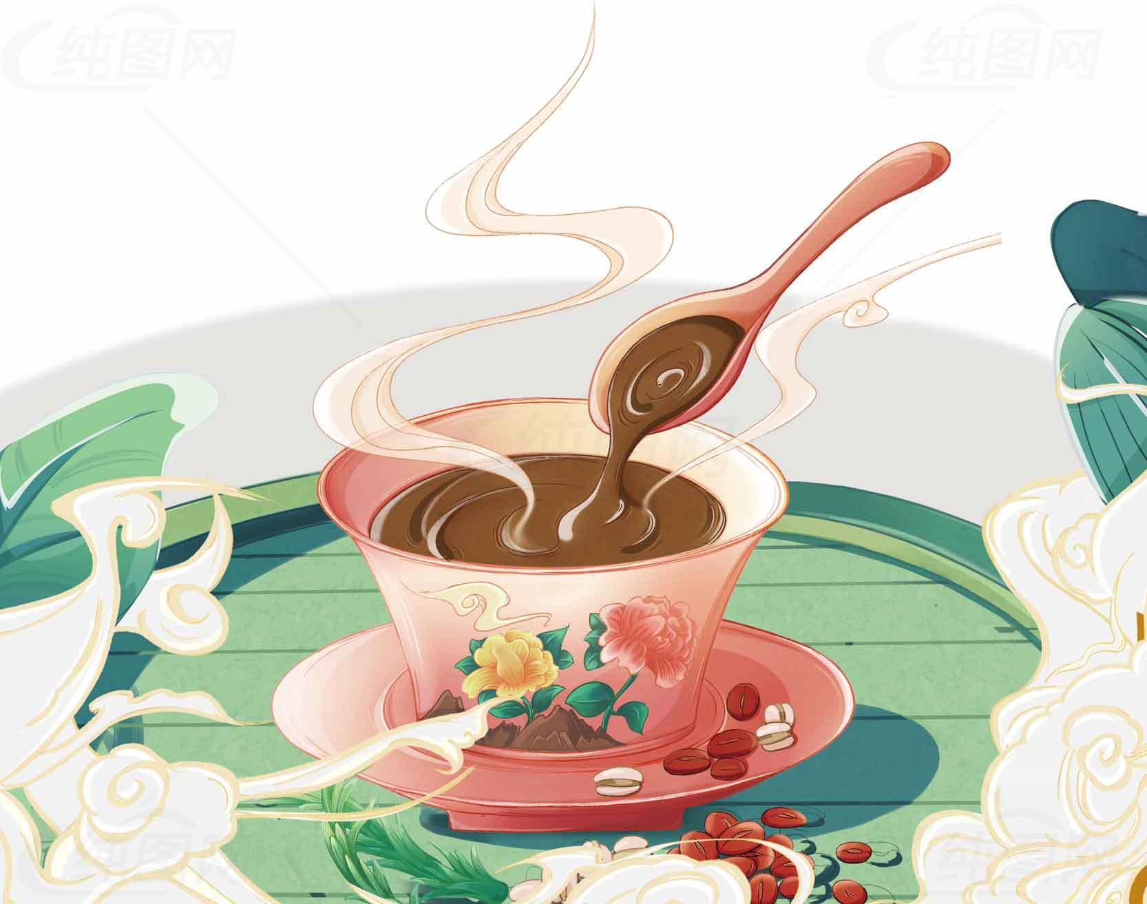 浪漫花卉咖啡杯插画设计素材