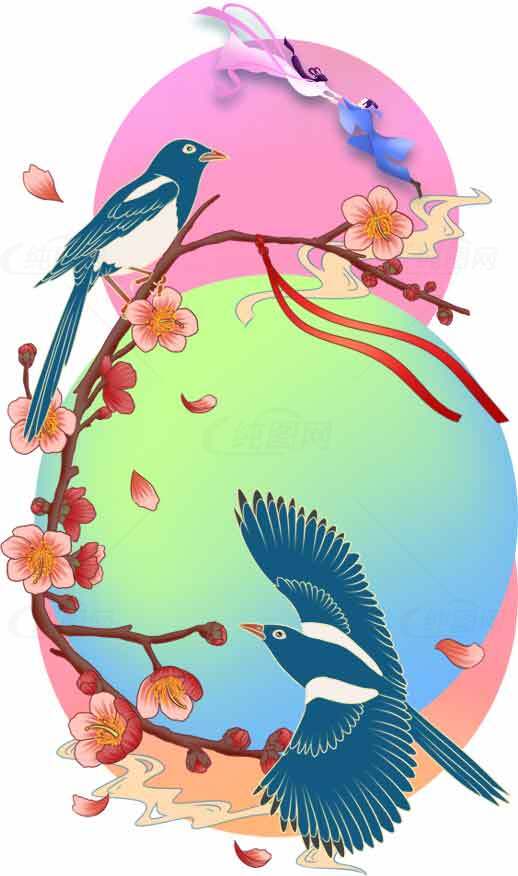 七夕节喜鹊与桃花插画设计素材
