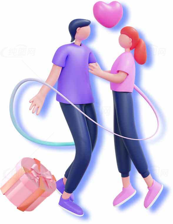 浪漫情侣3D插画：情人节礼物与爱心气球素材