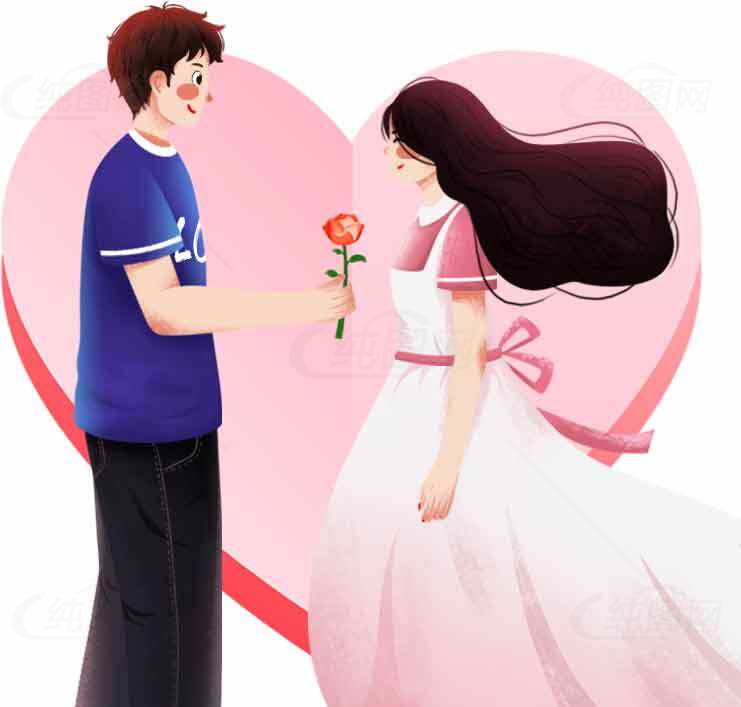 浪漫情人节插画：男孩送花给女孩的甜蜜瞬间素材