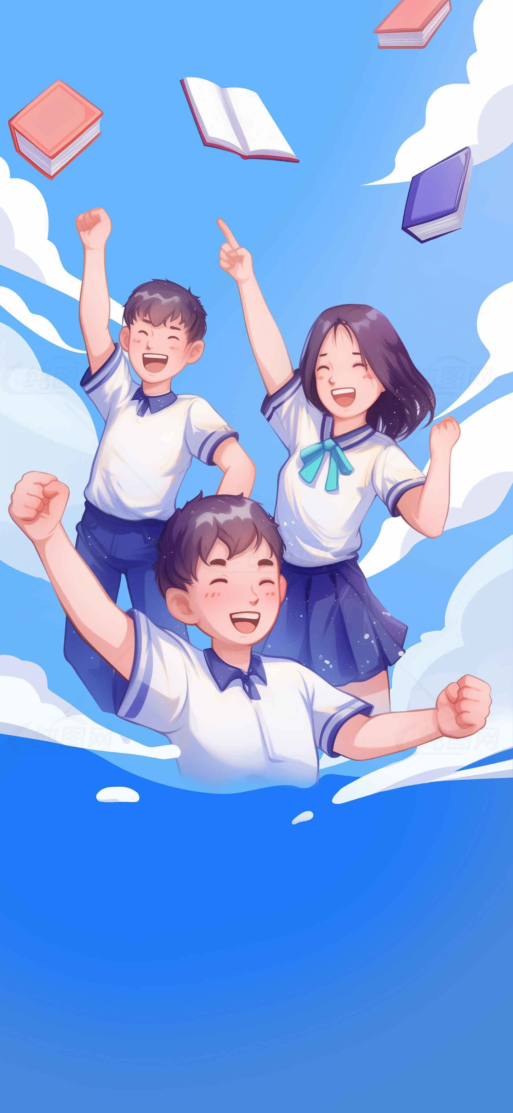 青春校园励志插画：学生挥拳迎接未来素材