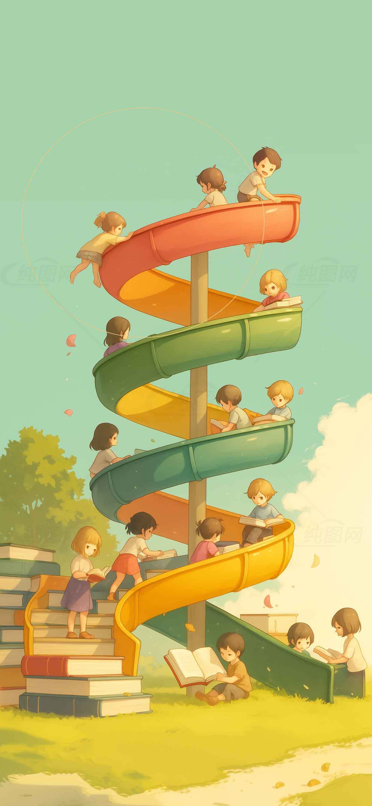 儿童滑梯与阅读的童趣插画素材