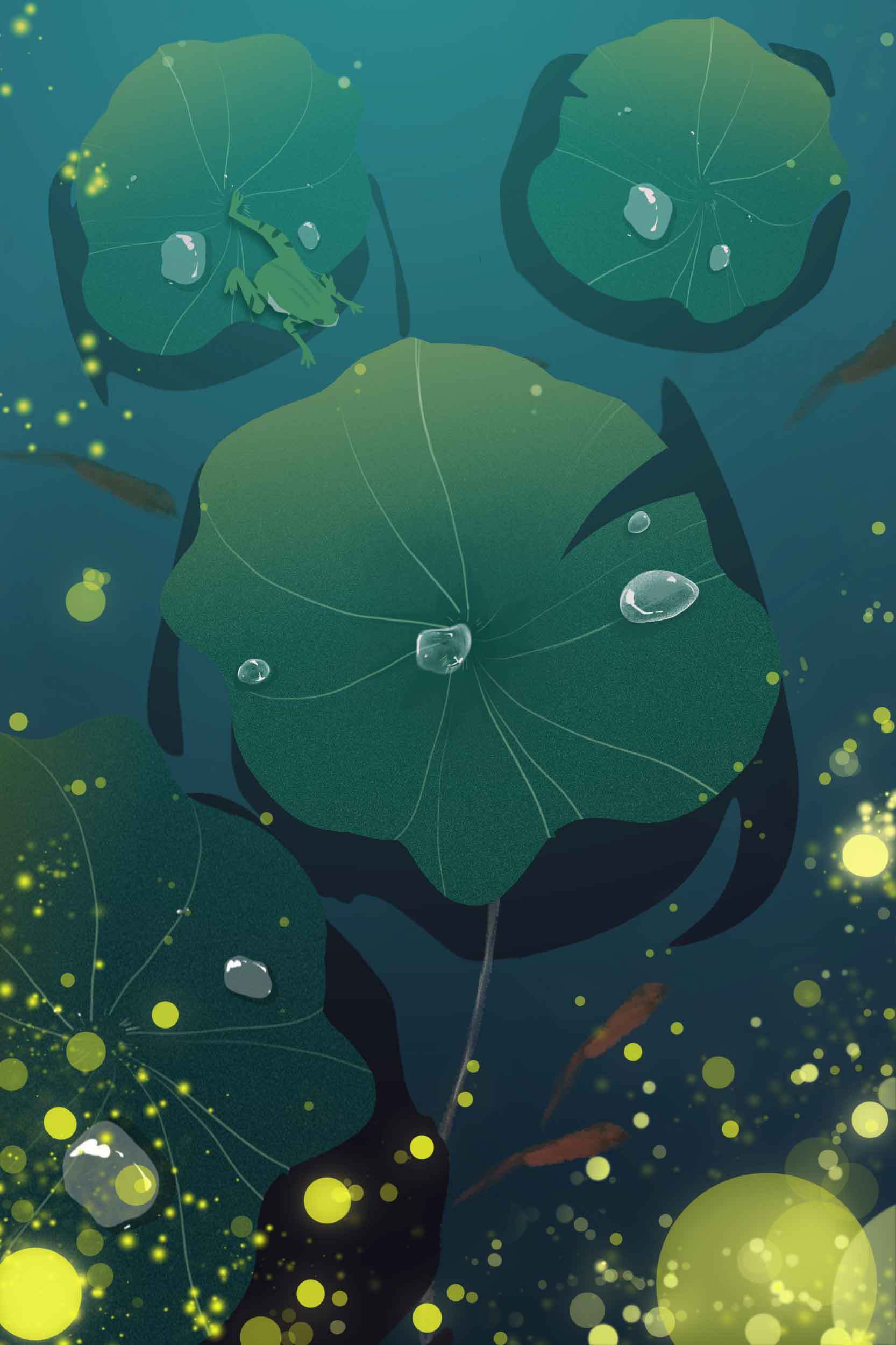 梦幻荷叶与萤火虫的夜晚插画素材