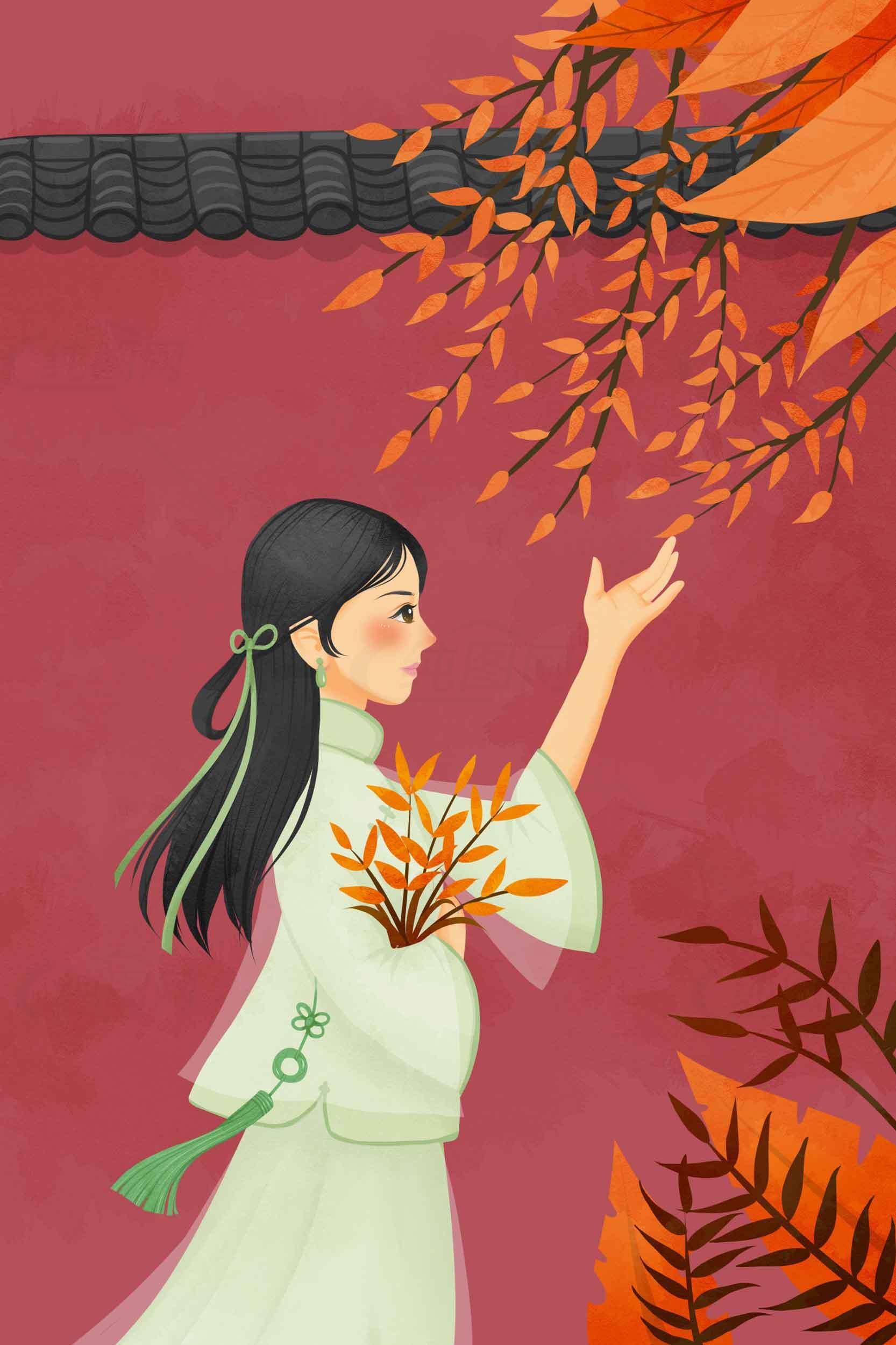 秋季古风插画：女子与红墙黄叶唯美场景素材