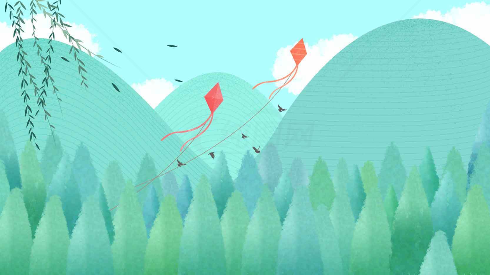 春日放风筝的山野风光插画素材