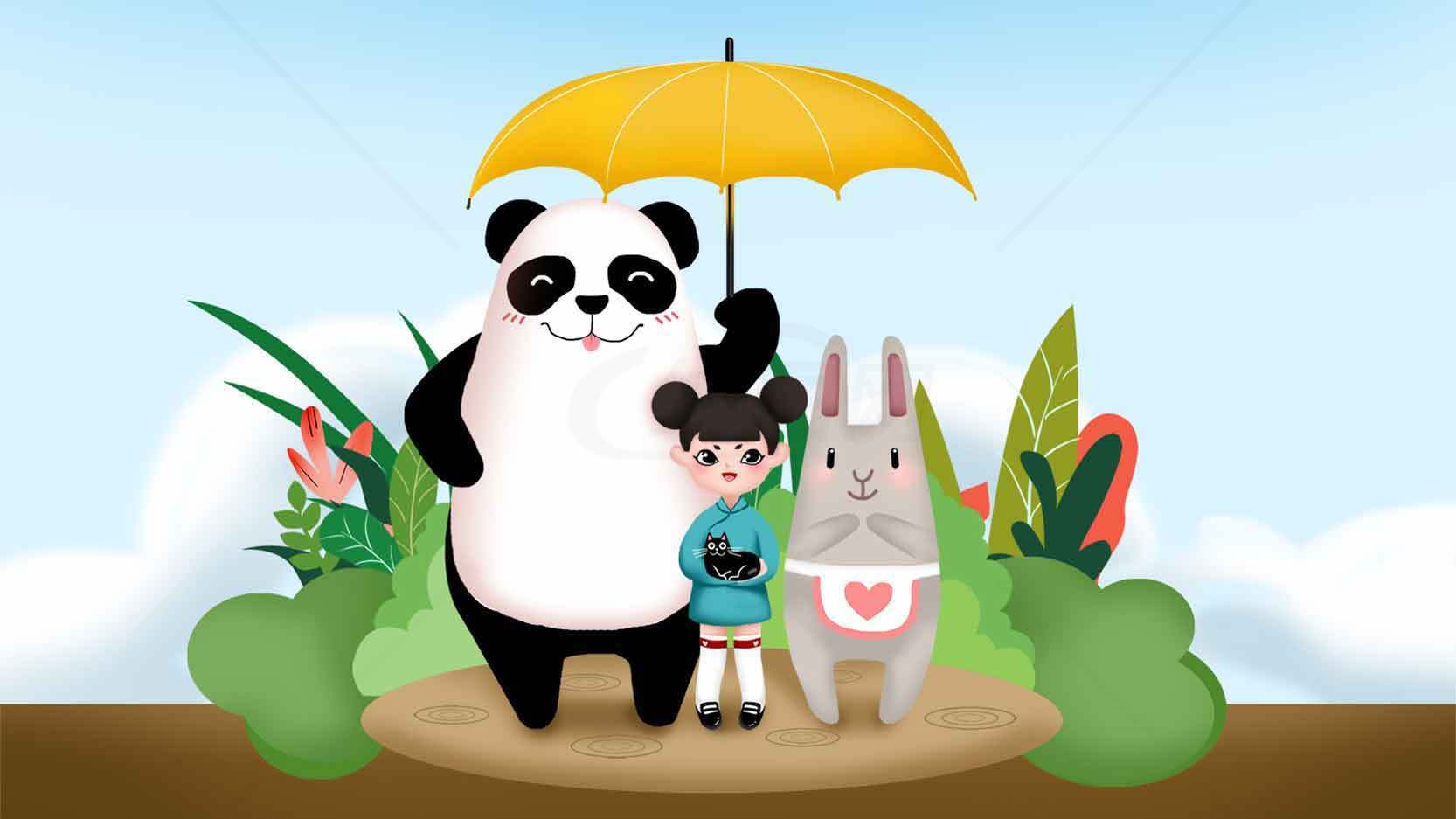 可爱卡通熊猫兔子和女孩撑伞插画图片素材