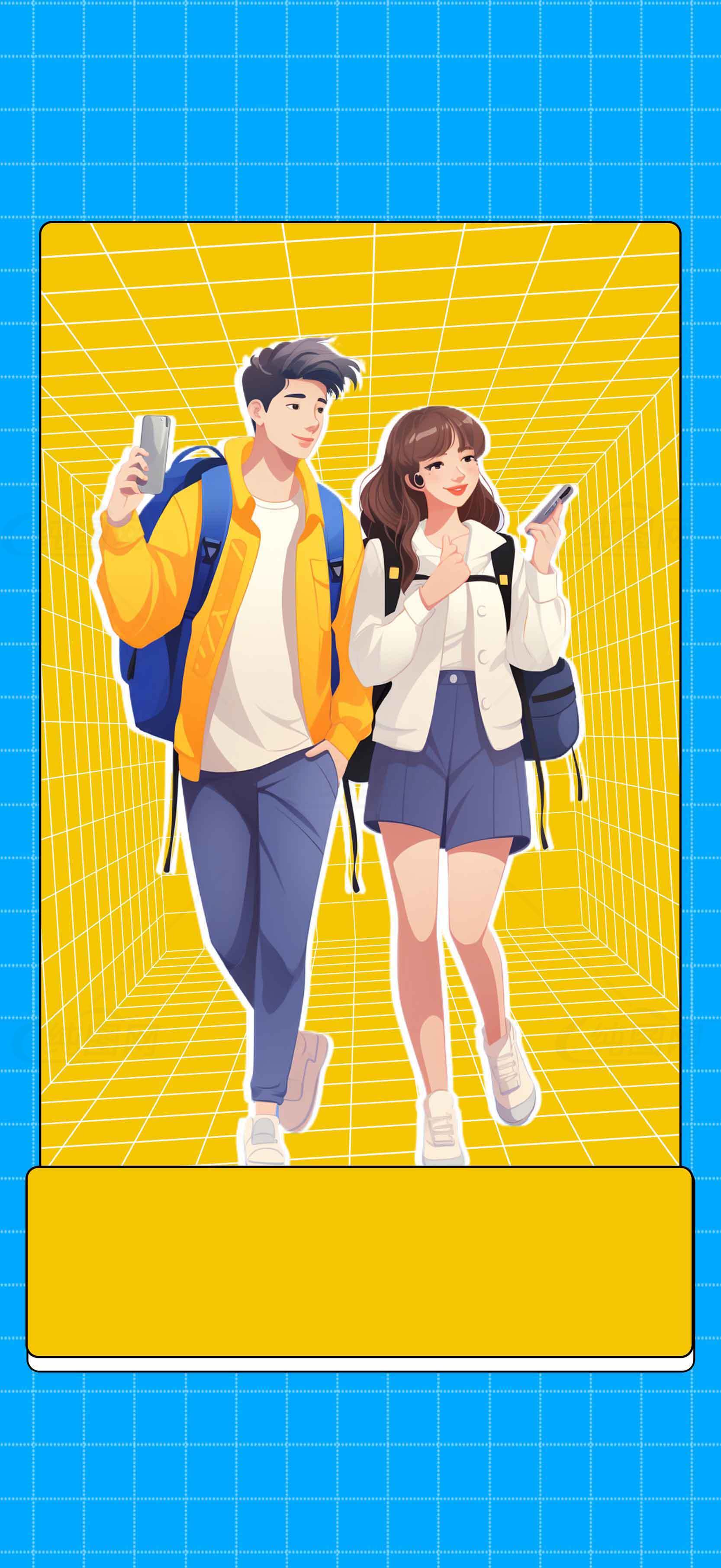 校园青春卡通插画：学生背包与手机互动场景素材