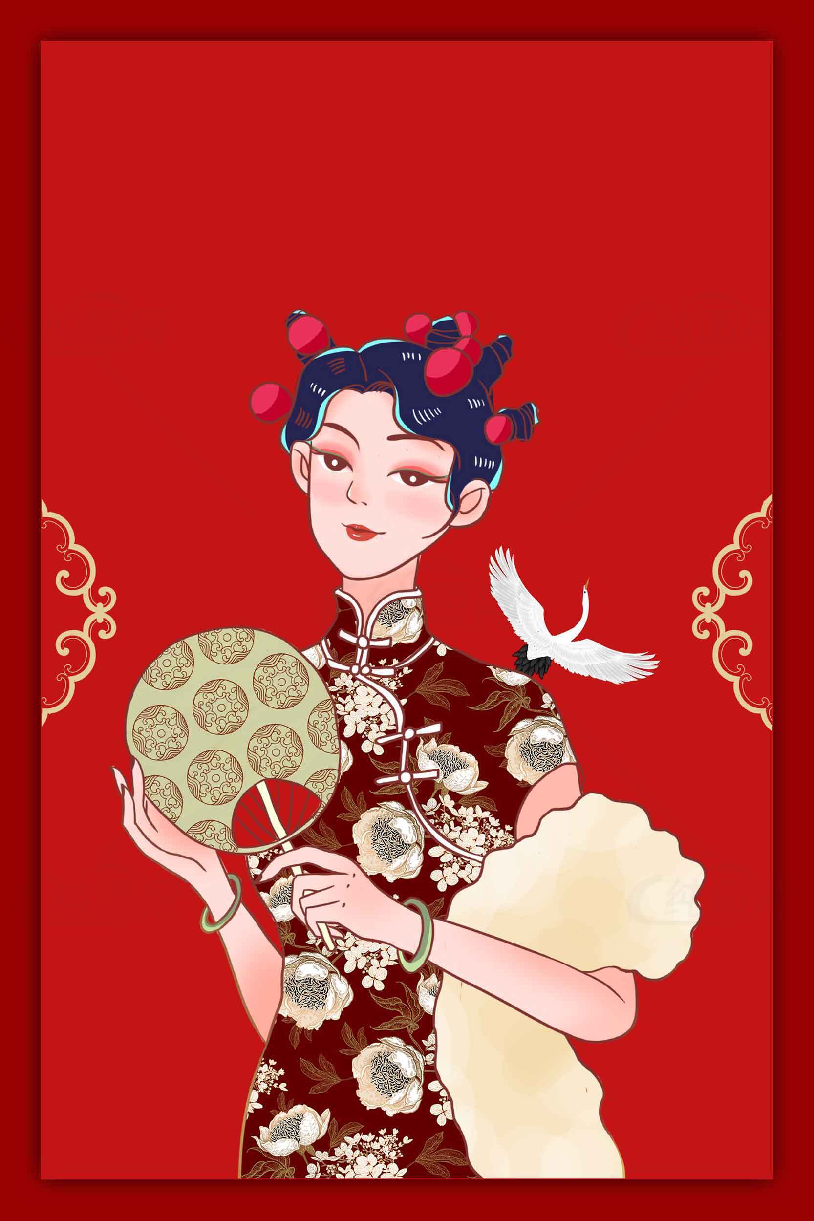 中国传统服饰与红色背景插画素材