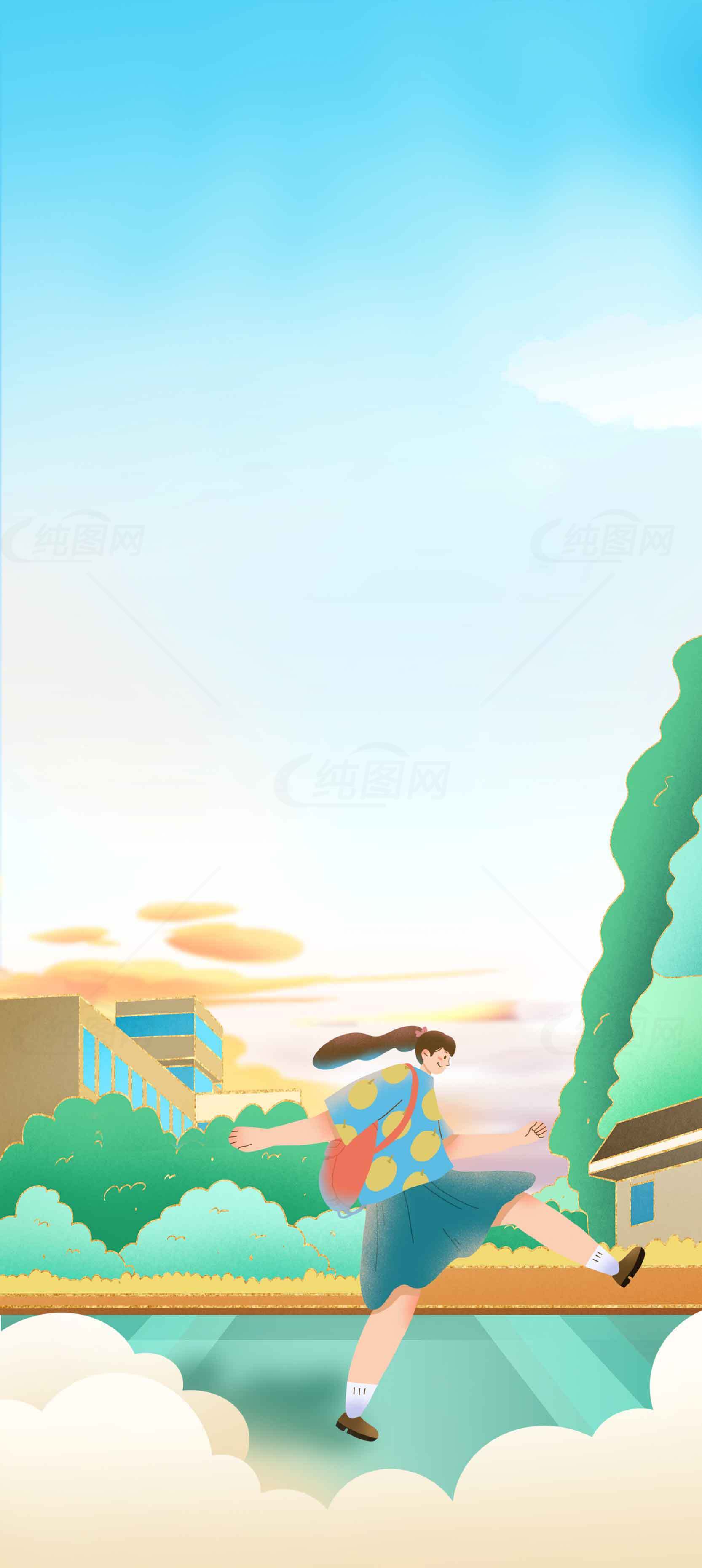 清新校园风插画：女孩的青春跳跃瞬间素材