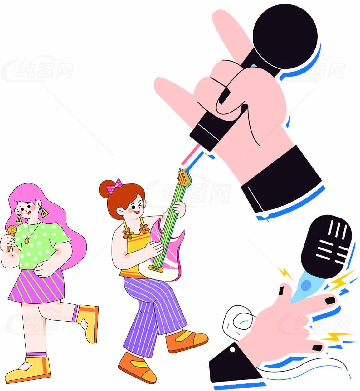 女生音乐演出插画设计：麦克风与吉他创意场景素材