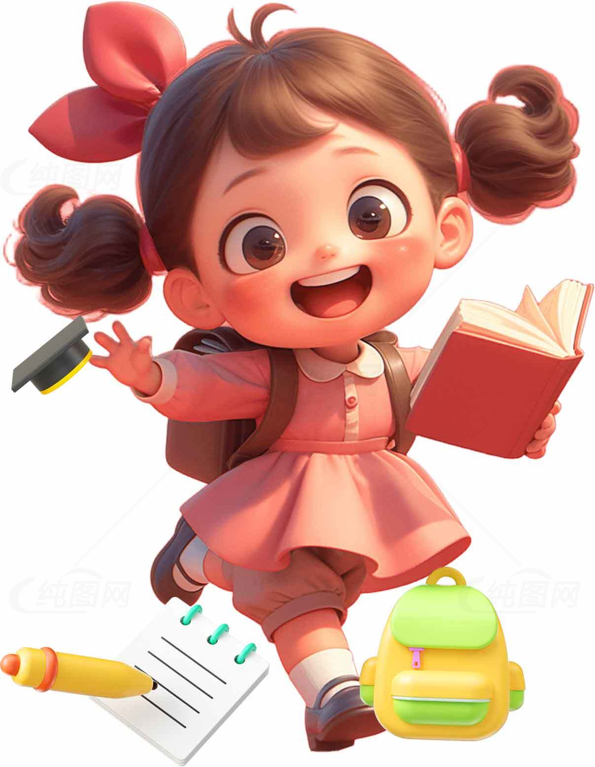 可爱卡通女孩背书包读书场景插画素材